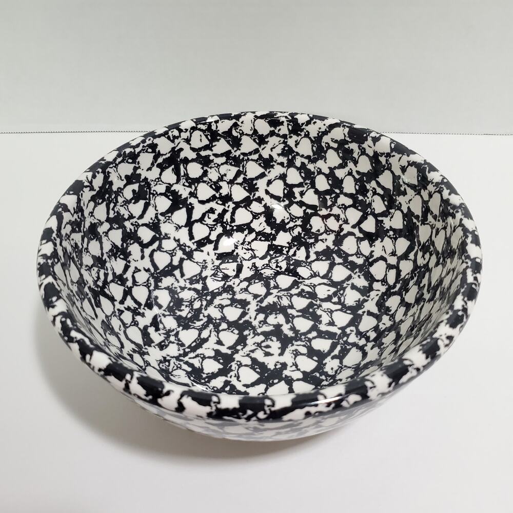Vintage Gaetano Pottery 8" Serving Bowl Black White Splatter Ceramic MCM USA